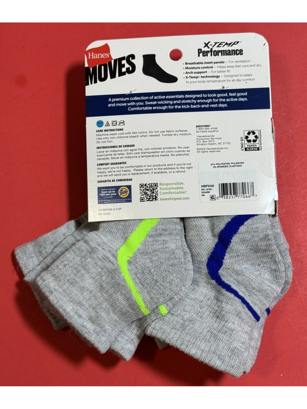 Hanes Performance X-Temp 6-Pair Gray Crew Socks Boys Large 3-9